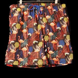 Broken Threads Swim Trunks Black Retro Flamingos and Toucan Birds Men’s Small